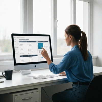 User using a keyword rank checker tool on a computer