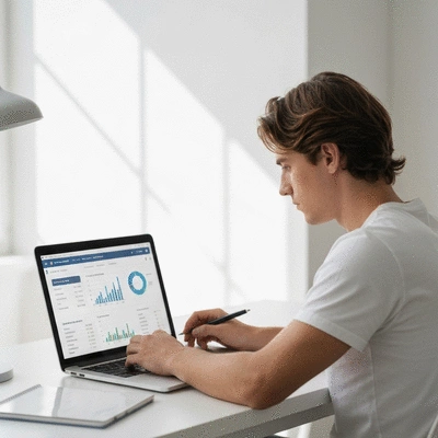 User analyzing keyword performance on a laptop