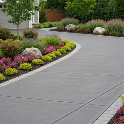 Concrete driveway with beautiful landscaping